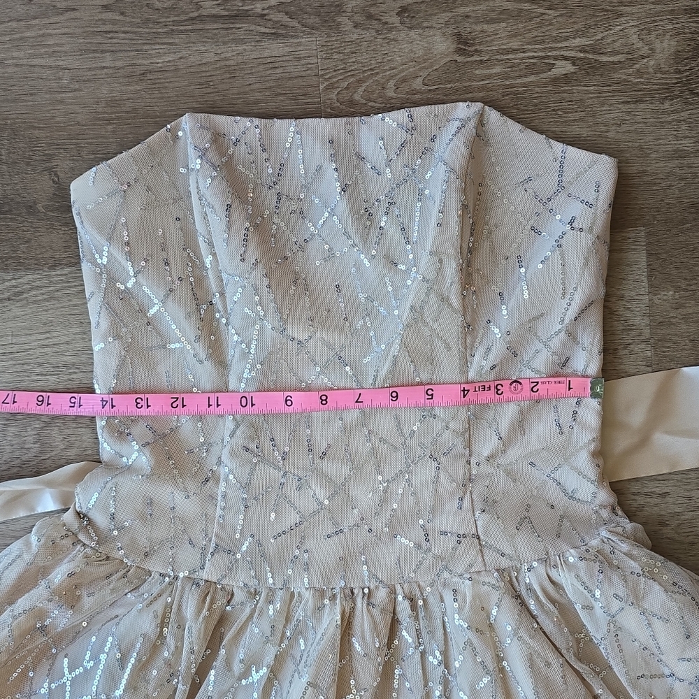 Vintage Jessica McClintock Champagne Sequin Belted Strapless Tulle Dress 9 Y2K - Picture 11 of 13